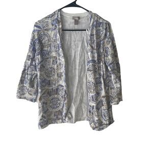 Chico's Size 1 MediumBlue Brown Printed‎ Open Front Lightweight Carigan Sweater